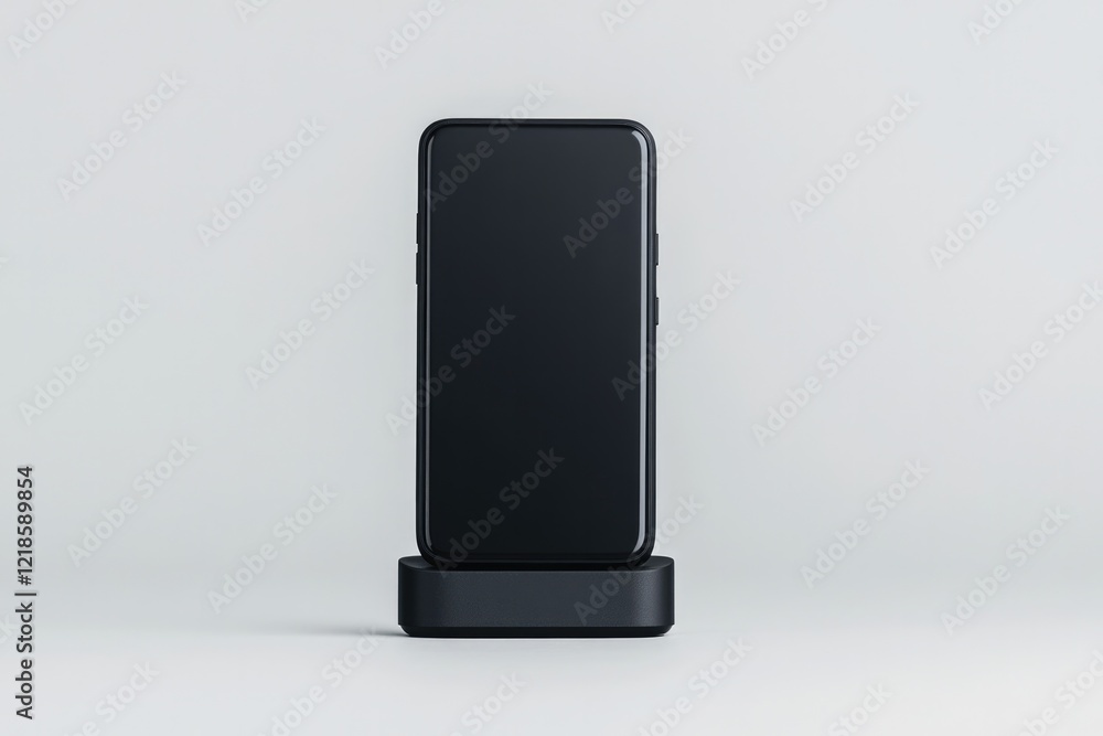 Naklejka premium Sleek smartphone positioned on minimalistic charging dock, showc