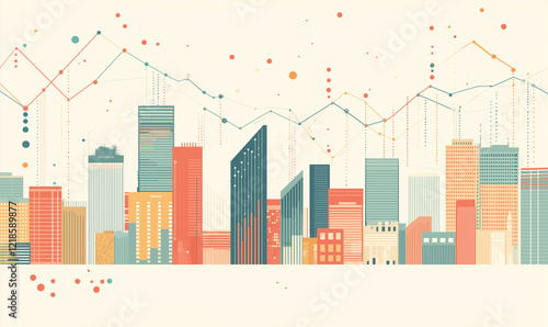 Wallpaper Mural Abstract city skyline with colorful buildings and data visualization elements, representing growth and finance. Torontodigital.ca