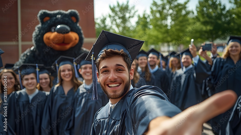 Obraz premium A group of graduates taking selfies in their caps and gowns, the school mascot visible in the background