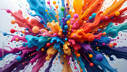 Explosion of vibrant colors abstract design featuring splashing paint and floating spheres