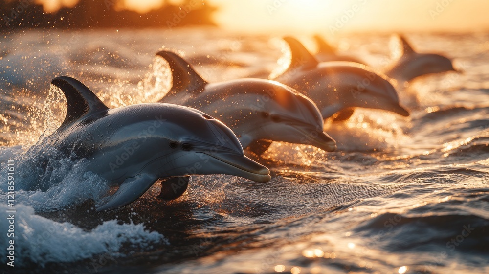 Obraz premium Dolphins leaping, sunset ocean, wildlife, travel