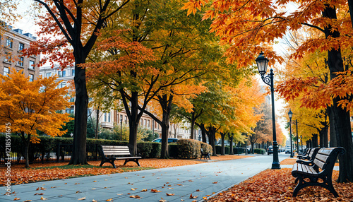 City park in autumn with vibrant leaves