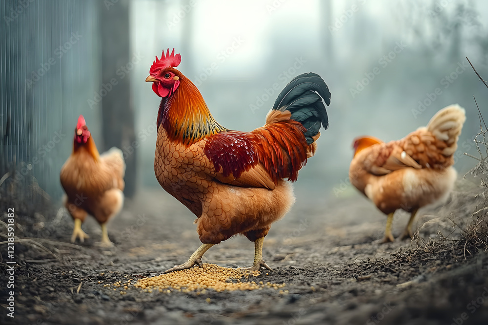 Fototapeta premium Red chicken walking in paddock Ordinary red rooster and chickens looking for grains while walking in paddock on farm