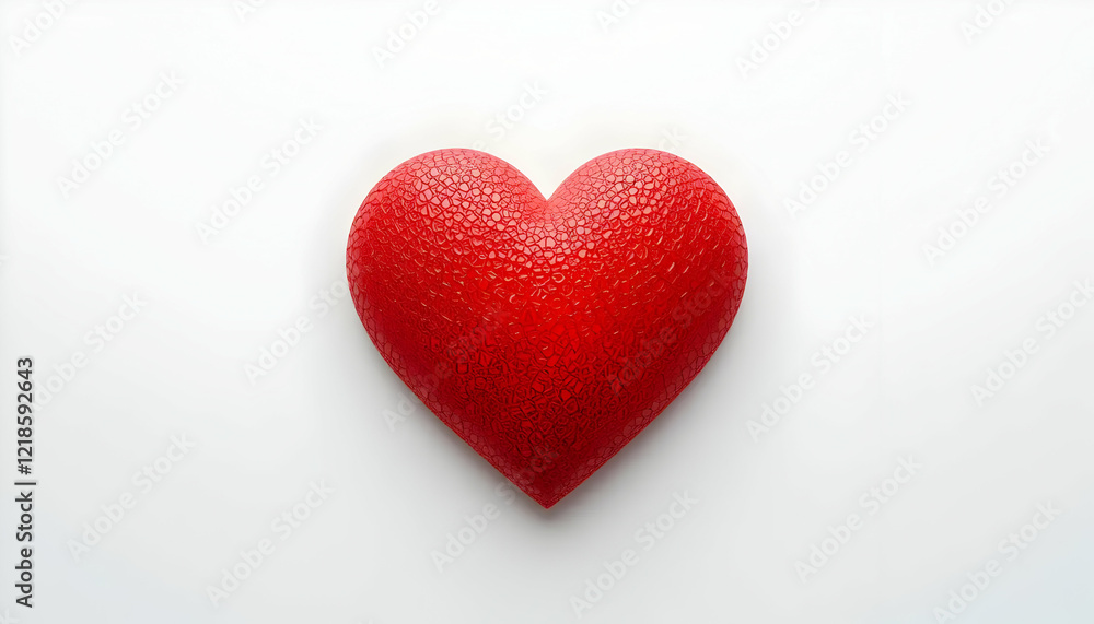 A single bright red heart shape with a textured surface sits centered on a plain white background A single bright red heart shape with a textured surface sits centered on a plain white background