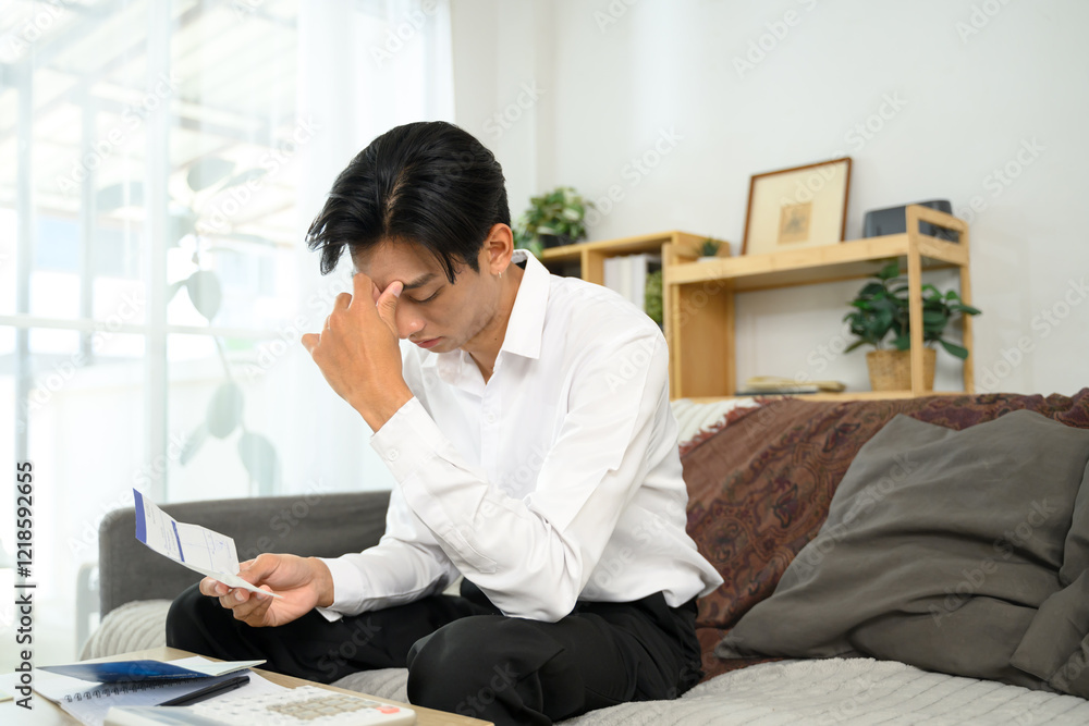 Adult man calculating expenses with calculator to planing budgets. Home finance and budgeting concept Adult man calculating expenses with calculator to planing budgets. Home finance and budgeting concept
