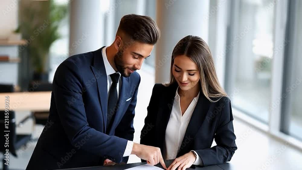 Two business people smiling as they go through a document together in an office 4K footage. Two business people smiling as they go through a document together in an office 4K footage.