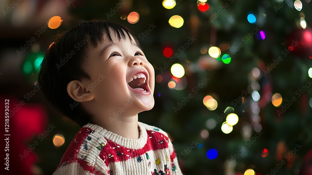 A young boy is smiling and laughing in front of a Christmas tree A young boy is smiling and laughing in front of a Christmas tree