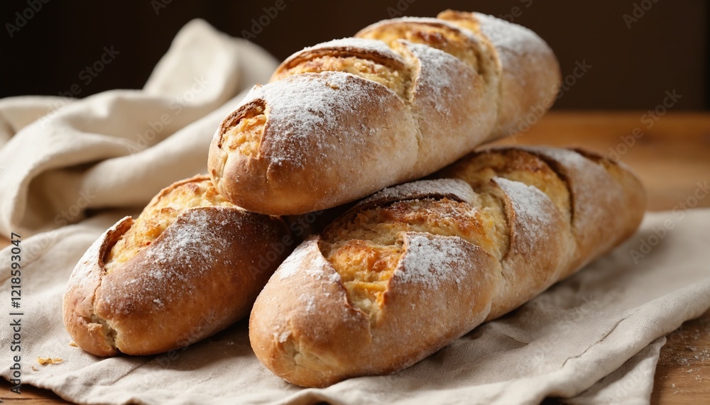 Freshly baked rustic baguettes dusted with flour on a linen cloth. Freshly baked rustic baguettes dusted with flour on a linen cloth.