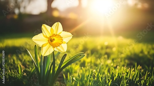 Golden Daffodil Blooms in Sunny Spring Meadow