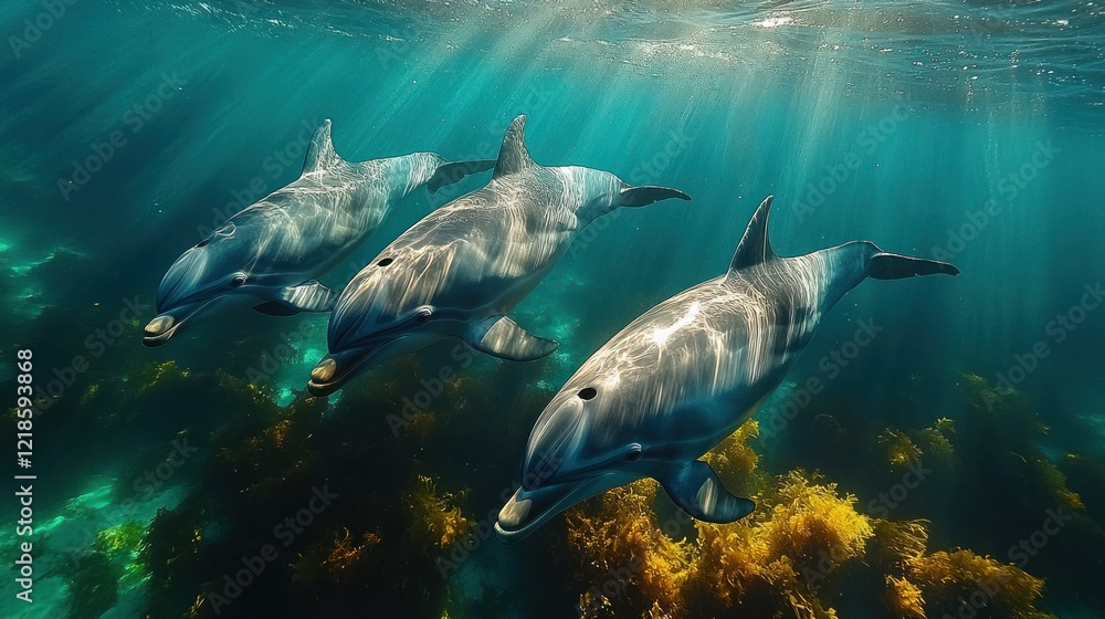 Fototapeta premium Dolphins swimming kelp forest, sunlight