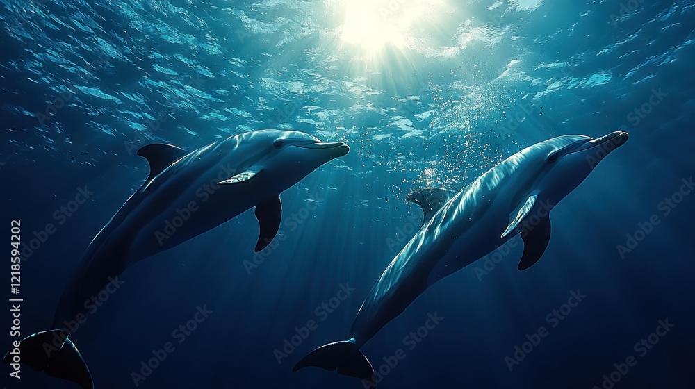 Obraz premium Dolphins swimming ocean sunlight underwater marine life