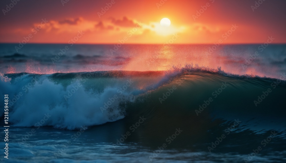 Obraz premium dramatic seascape, a big and beautiful wave in the ocean at sunset, sunlight shines through the crest of the wave, wind and the force of nature