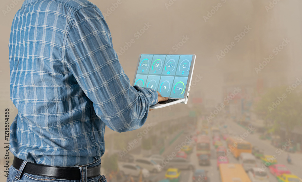 PM2.5 dust pollution checking dust conditions with a computer
