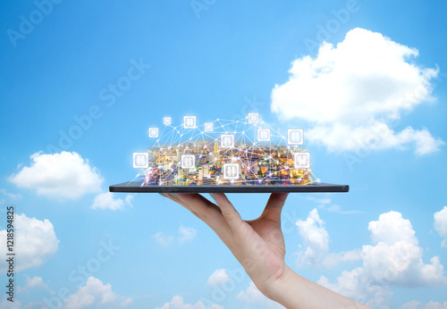 Communication concept human hand holding tablet city and communication