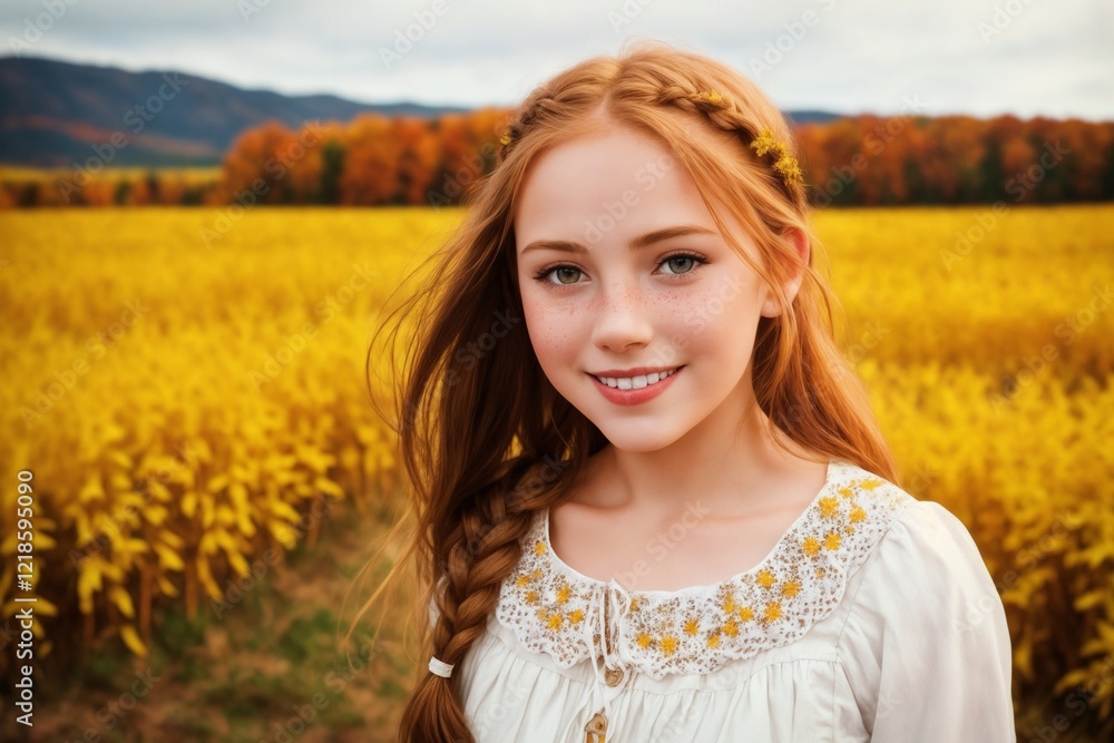portrait of a young girl dressed in a sundress against the background of a rural landscape, a field in the distance, forest and mountains, beautiful clouds, yellow tinting portrait of a young girl dressed in a sundress against the background of a rural landscape, a field in the distance, forest and mountains, beautiful clouds, yellow tinting