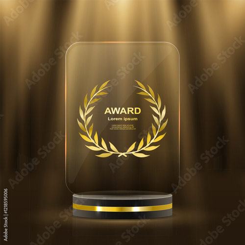 Golden Award Podium with Laurel Wreaths and Glowing Stars – 3D Realistic Vector Illustration for Ceremony, Championship, and Leadership Recognition on Dark Background with Glitter and Smoke Effects.