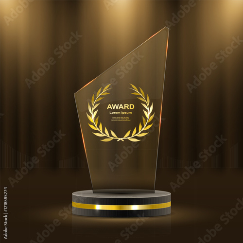 Golden award ceremony stage featuring glowing stars, luxurious laurel wreaths, and elegant gold ribbons. 3D realistic vector illustration showcasing a grand podium with prestigious background