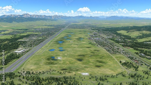 Aerial view of undeveloped land, highway, and mountain range