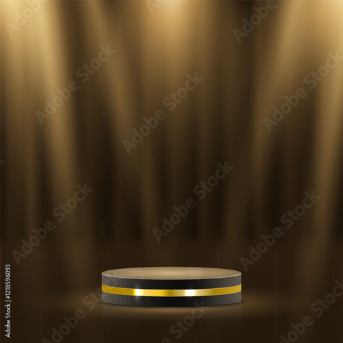 Golden award ceremony stage featuring glowing stars, luxurious laurel wreaths, and elegant gold ribbons. 3D realistic vector illustration showcasing a grand podium with prestigious background