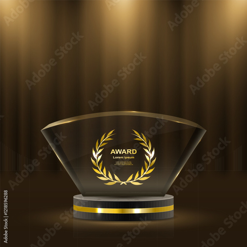 Elegant 3D golden podium with laurels, shining ribbons, and glowing stars for award ceremonies, prize events, and championship recognition. Realistic luxury scene. 