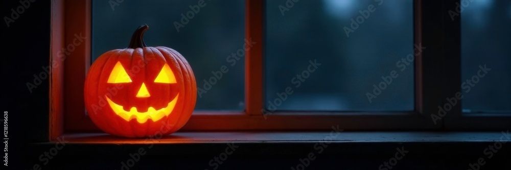 Fototapeta premium Glowing pumpkin on a windowsill against a dark background, black, windowsill, jack o lantern