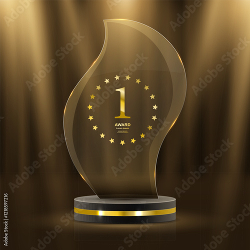 Realistic award. Winning medal. Glass 3D mockup. Acrylic design of first place prize. Silver or golden certificate. Competition trophy. Victory nominations. Vector exact elements set
