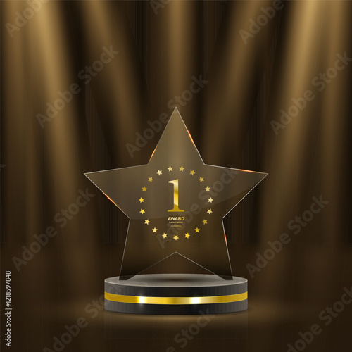 Glass winner trophies. Glass Trophy Awards. First place award, crystal prize and signed acrylic trophies. Glass award trophy or winner prize realistic vector illustration. Transparent crystal plate