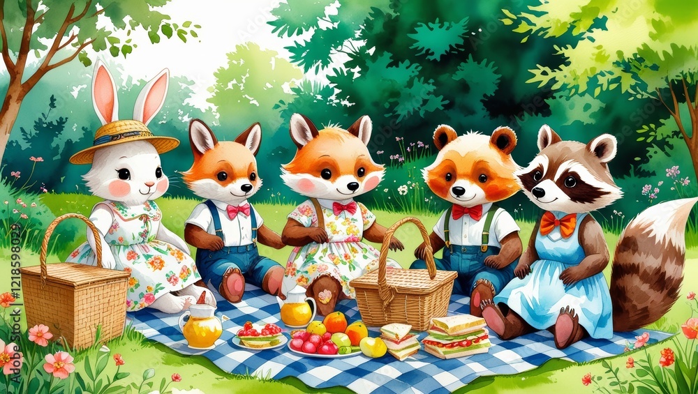 Naklejka premium illustration of fox and rabbit having a garden party