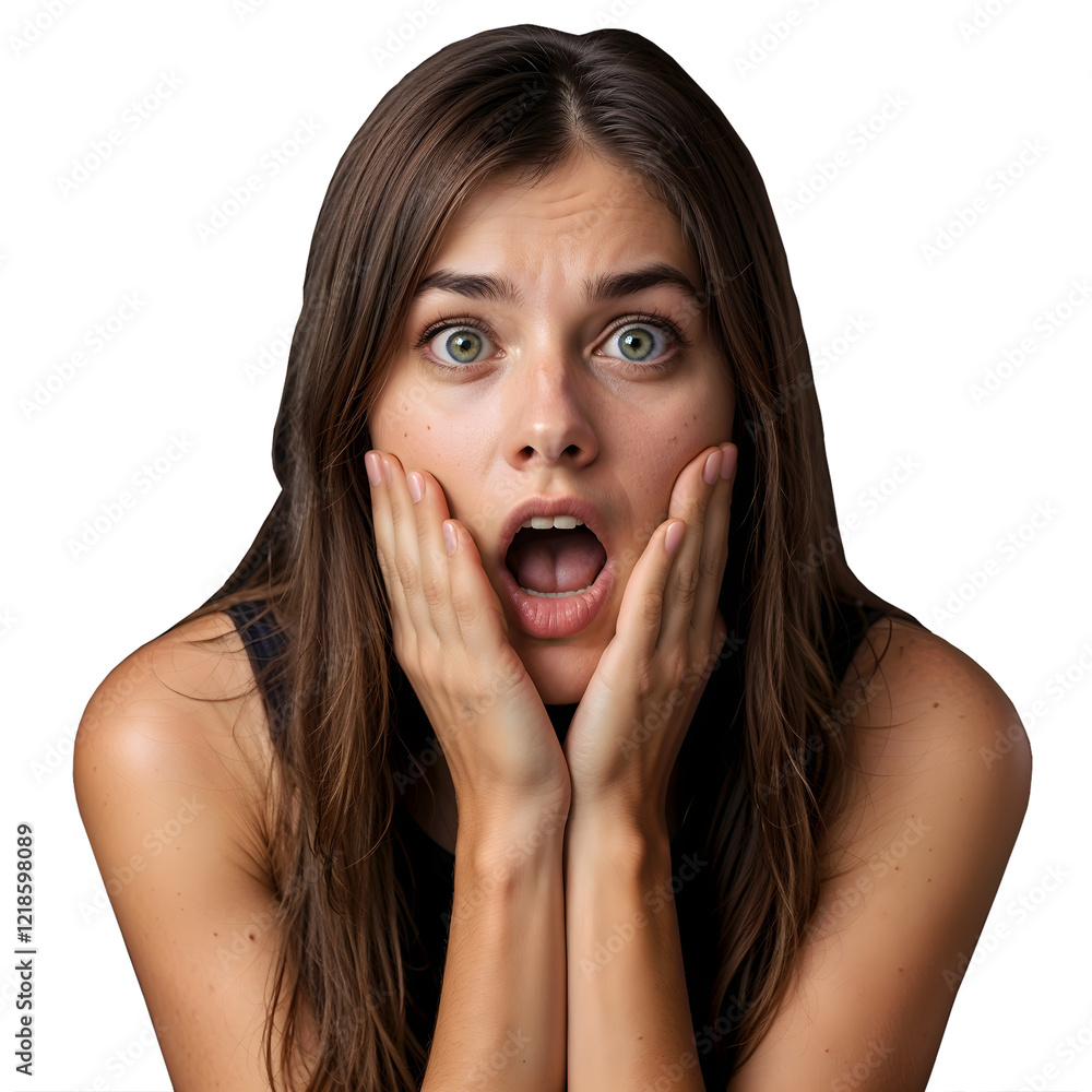 funny image of a beautiful young brunette woman looking amazed with her mouth open, woman with shocked and surprised expression, isolated on transparent background png funny image of a beautiful young brunette woman looking amazed with her mouth open, woman with shocked and surprised expression, isolated on transparent background png