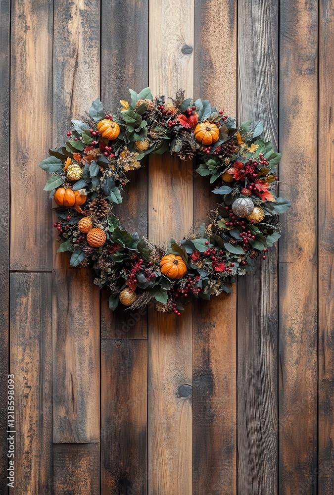 Beautiful Autumn Wreath Decorated with Orange Pumpkins and Natural Elements on Rustic Wooden Background Perfect for Seasonal Celebrations and Fall Decorations Beautiful Autumn Wreath Decorated with Orange Pumpkins and Natural Elements on Rustic Wooden Background Perfect for Seasonal Celebrations and Fall Decorations
