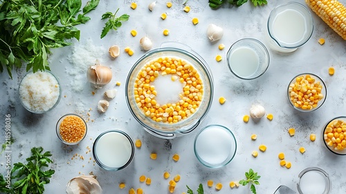 An overhead shot of corn milk preparation with ingredients like corn kernels, sugar, and water placed around a blender photo