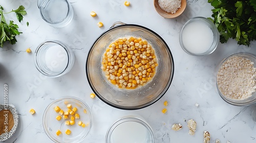 An overhead shot of corn milk preparation with ingredients like corn kernels, sugar, and water placed around a blender photo