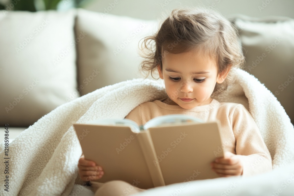 Cozy child immersed in reading, wrapped in soft blanket, serene Cozy child immersed in reading, wrapped in soft blanket, serene