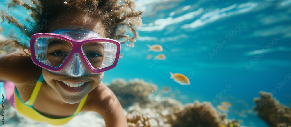 Underwater Exploration for Children in Tropical Waters. A young girl in a snorkeling mask diving underwater, swimming alongside colorful fish in a stunning coral reef. Ideal for sw Underwater Exploration for Children in Tropical Waters. A young girl in a snorkeling mask diving underwater, swimming alongside colorful fish in a stunning coral reef. Ideal for sw