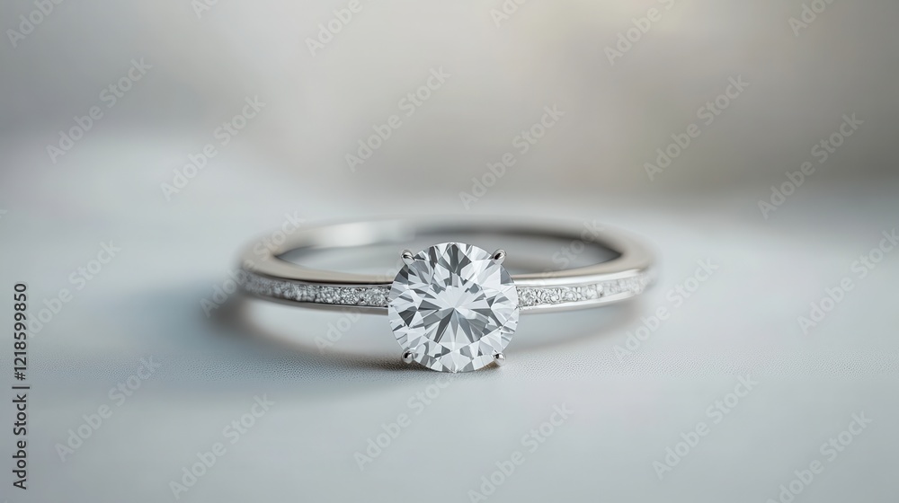 A Sparkling Diamond Engagement Ring, Elegantly Showcased On A Light Gray Surface. The Image Highlights The Ring'S Brilliance And Detail. A Sparkling Diamond Engagement Ring, Elegantly Showcased On A Light Gray Surface. The Image Highlights The Ring'S Brilliance And Detail.