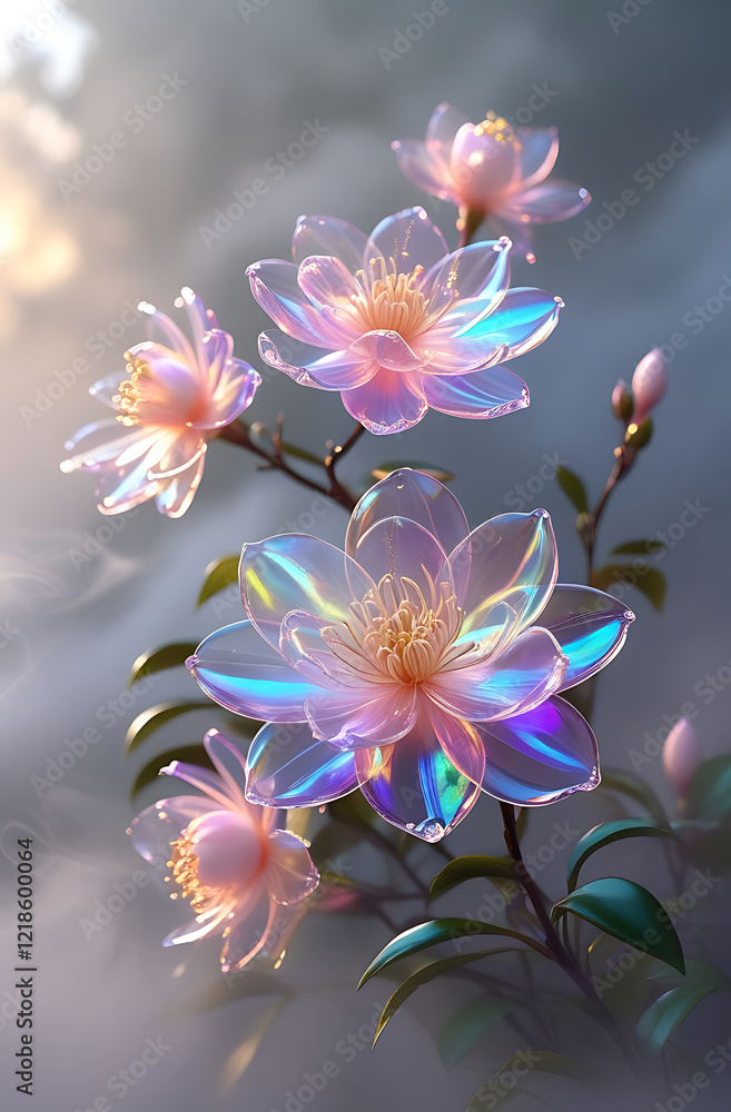 Fototapeta premium A beautiful camellia flower with a spectrum theme and enchanting smoke. Created with generative AI