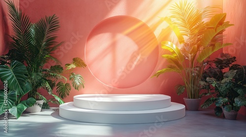 Wallpaper Mural Sunlit Tropical Studio Product Display with Two Tiered Pedestal and Lush Greenery Torontodigital.ca