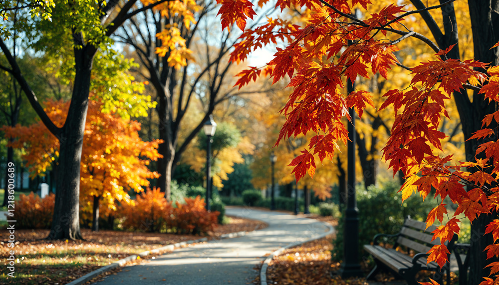 Naklejka premium City park in autumn with vibrant leaves