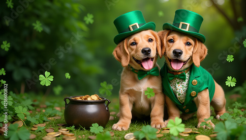 Adorable puppies in festive green leprechaun outfits celebrate St. Patrick's Day, framed by a four-leaf clover and a dreamy bokeh background. This image embodies good fortune. Ample copy space.