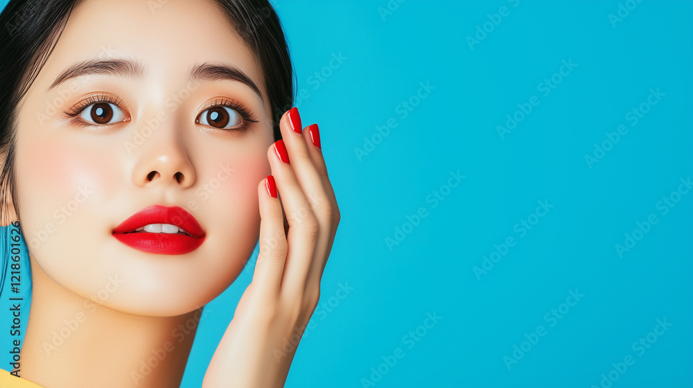 Obraz premium Asian woman portret Red lips, red nails too