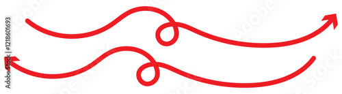  Long Red right side arrow vector. Simple line hand drawn Red arrow. wavy curved Long arrow icon. long line arrow vector. flat style Arrow symbol. arrow on a white background. vector illustration.