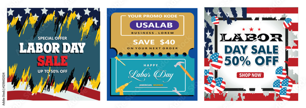 Naklejka premium Labor Day Sale Advertisement. Tools and Discount Offer Code. USA Labor Day Brochures. Set flat vector modern illustration