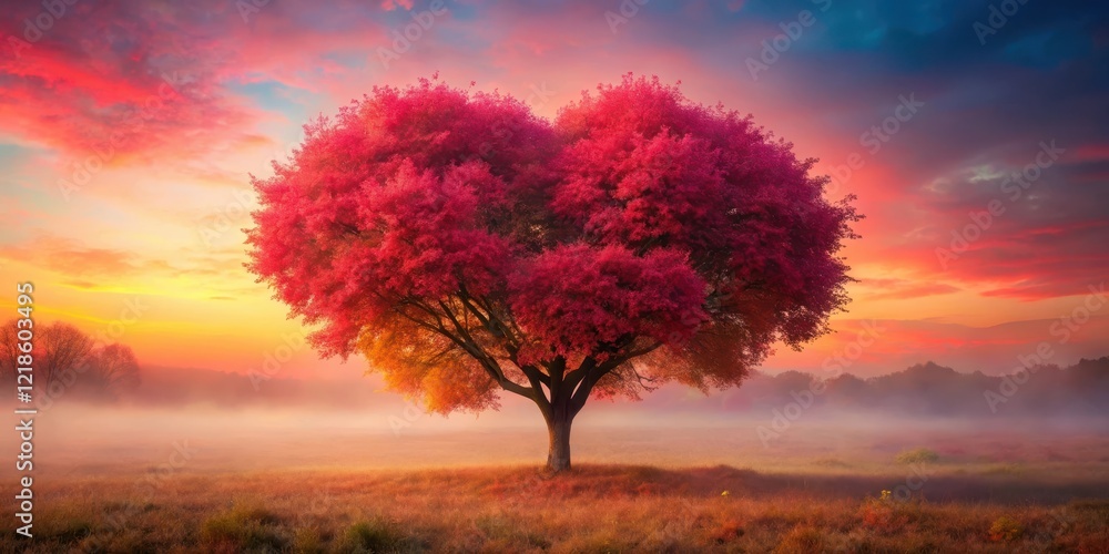 Obraz premium A majestic red heart-shaped tree with a vibrant pink glow in the evening mist
