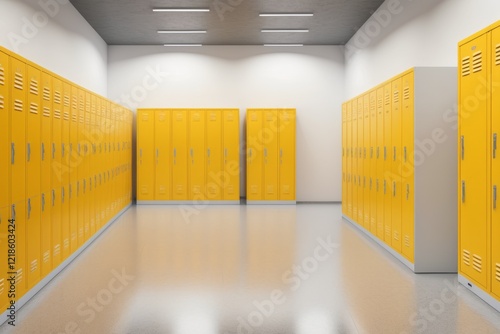 Row of yellow lockers with folders and doors in a school corridor or an office  photo