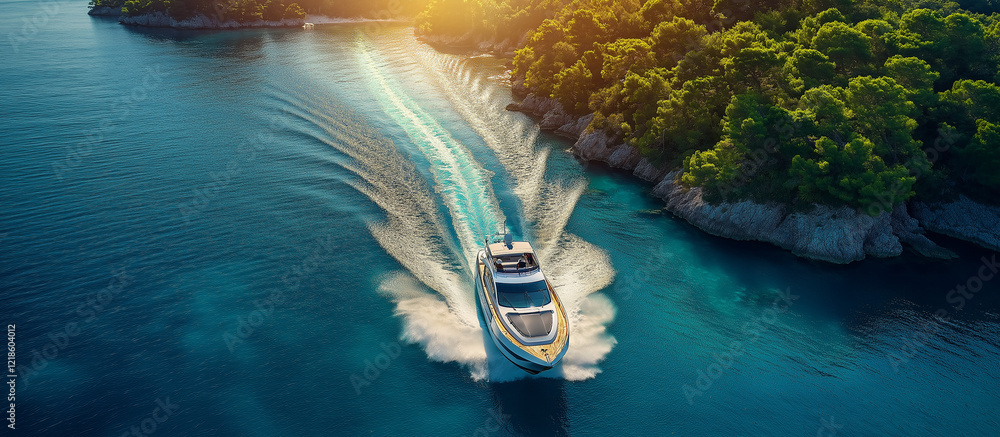 Aerial View of a Lush Tropical Island with Turquoise Waters and a Luxury Motorboat – Stunning Coastal Scenery and Serene Paradise Getaway Aerial View of a Lush Tropical Island with Turquoise Waters and a Luxury Motorboat – Stunning Coastal Scenery and Serene Paradise Getaway