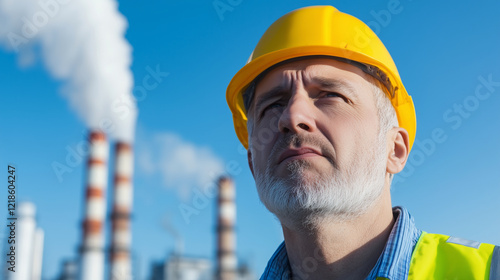 Middle-Aged Worker in Factory with Worried Expression, Facing Industrial Hardships A middle-aged factory worker stands with a worried expression in front of a factory and smoke sta photo