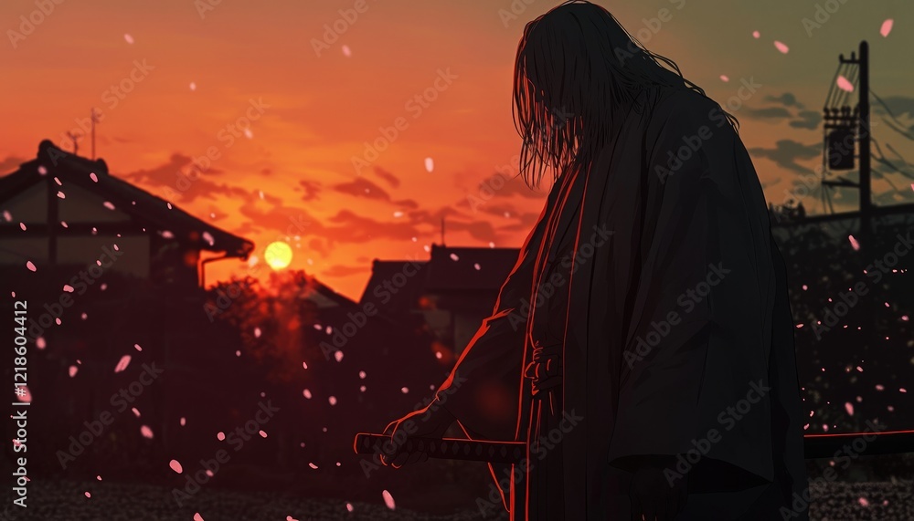 Samurai Silhouette at Sunset with Falling Petals Samurai Silhouette at Sunset with Falling Petals