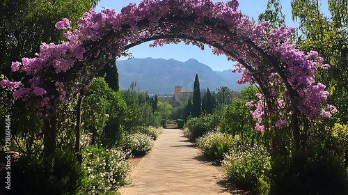 AI Generate Alhambra Castle Framed By Flower Garden