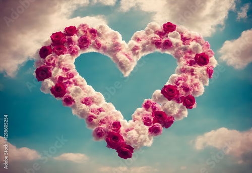 Heart made from clouds with rose flowers