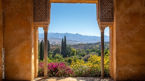 AI Generate Alhambra Castle Framed By Flower Garden